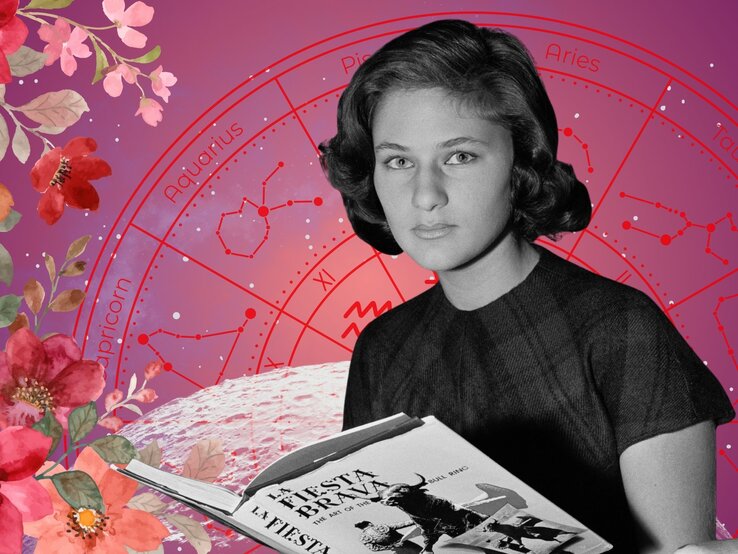 kw-27-jobhoroskop-30-juni.jpg Vintage-Foto einer jungen Frau mit ernstem Blick, die ein aufgeschlagenes Buch mit dem Titel ‚La Fiesta Brava‘ in der Hand hält. Im Hintergrund ist ein pink-violetter Sternenhimmel mit astrologischen Sternzeichen wie Capricorn, Aquarius und Aries zu sehen. Blumenillustrationen in kräftigen Rot-, Rosa- und Orangetönen rahmen das Bild – eine Mischung aus Retro-Stil, Intellekt und Astrologie.