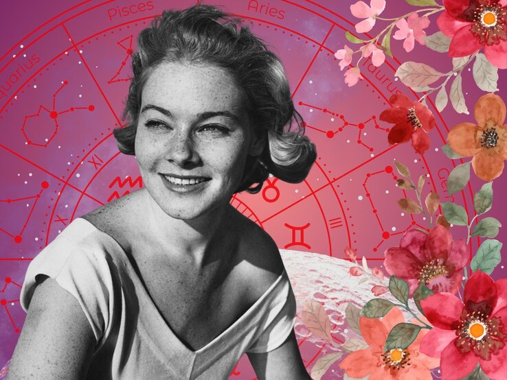 Porträt einer lächelnden jungen Frau im Retro-Stil vor einem pink-violetten astrologischen Hintergrund mit Tierkreiszeichen wie Zwillinge, Wassermann und Widder. Der Himmel ist mit Sternbildern und Konstellationen versehen. Farbige Blumenillustrationen in Rosa, Rot und Orange rahmen das Bild – eine Mischung aus Vintage-Charme, Lebensfreude und Astrologie.