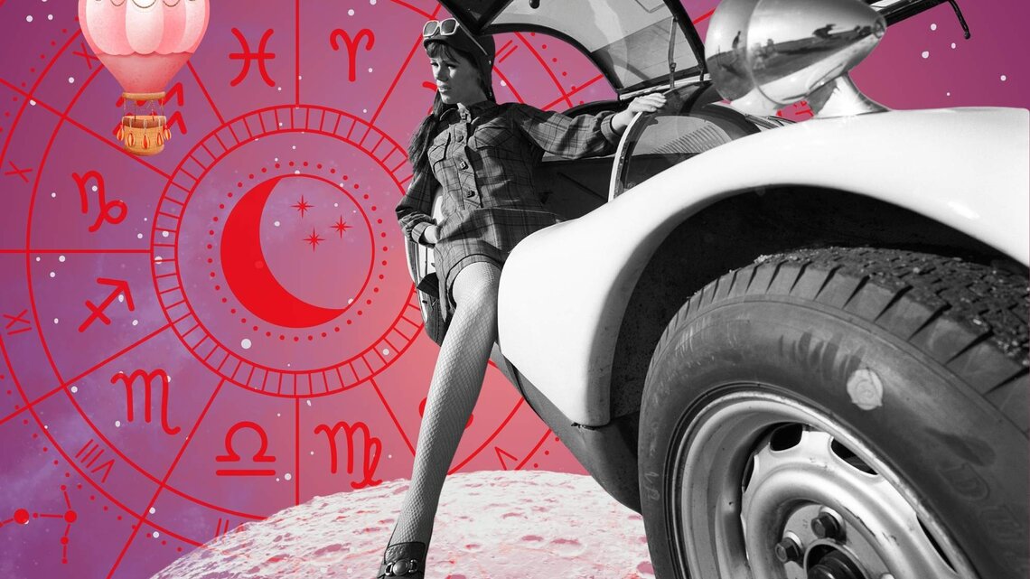 Collage aus Vintage-Elementen mit einer Frau in Netzstrumpfhosen, die aus einem Oldtimer steigt, vor einem astrologischen Hintergrund mit Tierkreiszeichen, Mondsymbol und Heißluftballon – symbolisiert ein kosmisches Abenteuer im Zeichen des Jobhoroskops.