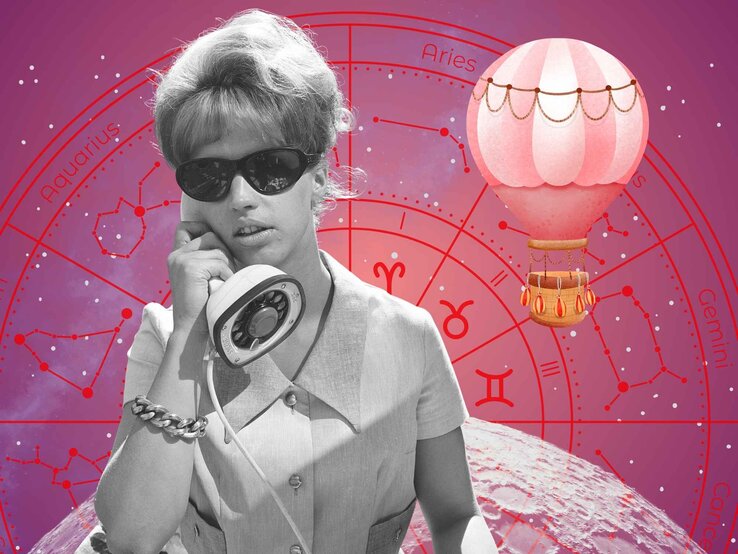 kw-30-flirthoroskop-21-juli.jpg Retro-Frau mit Sonnenbrille und Telefonhörer im Schwarz-Weiß-Stil vor astrologischem Tierkreiszeichen-Hintergrund. Ein rosa Heißluftballon schwebt daneben, über einer kosmischen Mondlandschaft.