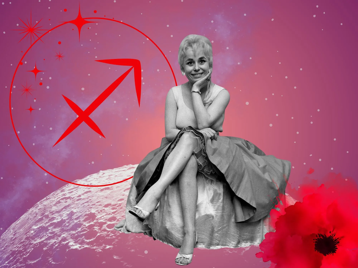 09-monatshoroskop-schuetze.webp Monatshoroskop für das Sternzeichen Schütze: Illustration eine Frau im Retrostil vor einem pink-lilafarbenen Weltraumhintergrund mit Sternenhimmel und Mond. Rechts unten im Bild eine rote Mohnblume. Links oben in einem Kreis ist das rote Symbol des Tierkreiszeichens Schütze.