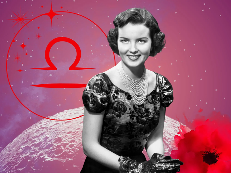 07-monatshoroskop-waage.webp Monatshoroskop für das Sternzeichen Waage: Illustration eine Frau im Retrostil vor einem pink-lilafarbenen Weltraumhintergrund mit Sternenhimmel und Mond. Rechts unten im Bild eine rote Mohnblume. Links oben in einem Kreis ist das rote Symbol des Tierkreiszeichens Waage.