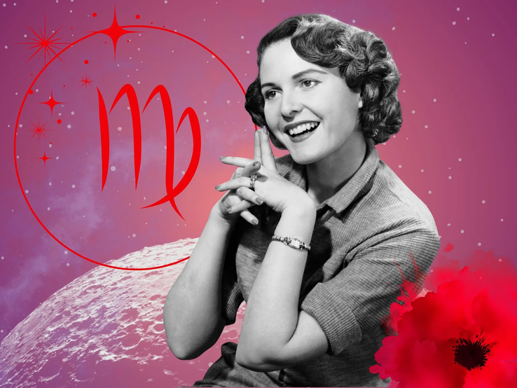 06-monatshoroskop-jungfrau.webp Monatshoroskop für das Sternzeichen Jungfrau: Illustration eine Frau im Retrostil vor einem pink-lilafarbenen Weltraumhintergrund mit Sternenhimmel und Mond. Rechts unten im Bild eine rote Mohnblume. Links oben in einem Kreis ist das rote Symbol des Tierkreiszeichens Jungfrau.