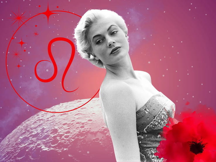 05-monatshoroskop-loewe.webp Monatshoroskop für das Sternzeichen Löwe: Illustration eine Frau im Retrostil vor einem pink-lilafarbenen Weltraumhintergrund mit Sternenhimmel und Mond. Rechts unten im Bild eine rote Mohnblume. Links oben in einem Kreis ist das rote Symbol des Tierkreiszeichens Löwe.