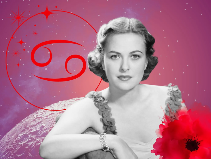 04-monatshoroskop-krebs.webp Monatshoroskop für das Sternzeichen Krebs: Illustration eine Frau im Retrostil vor einem pink-lilafarbenen Weltraumhintergrund mit Sternenhimmel und Mond. Rechts unten im Bild eine rote Mohnblume. Links oben in einem Kreis ist das rote Symbol des Tierkreiszeichens Krebs.