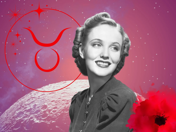 Monatshoroskop für das Sternzeichen Stier: Illustration eine Frau im Retrostil vor einem pink-lilafarbenen Weltraumhintergrund mit Sternenhimmel und Mond. Rechts unten im Bild eine rote Mohnblume. Links oben in einem Kreis ist das rote Symbol des Tierkreiszeichens Stier. 