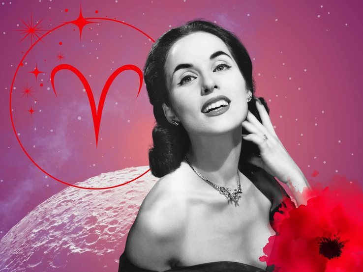 01-monatshoroskop-widder.webp Monatshoroskop für das Sternzeichen Widder: Illustration eine Frau im Retrostil vor einem pink-lilafarbenen Weltraumhintergrund mit Sternenhimmel und Mond. Rechts unten im Bild eine rote Mohnblume. Links oben in einem Kreis ist das rote Symbol des Tierkreiszeichens Widder.