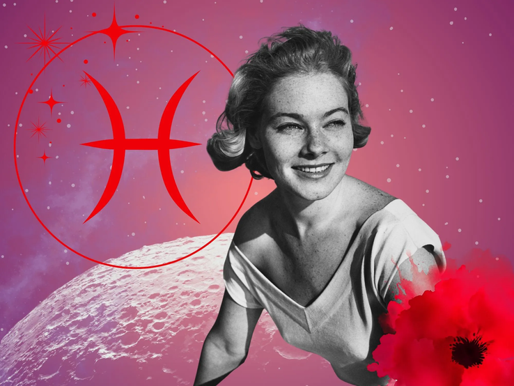 Monatshoroskop für das Sternzeichen Fische: Illustration eine Frau im Retrostil vor einem pink-lilafarbenen Weltraumhintergrund mit Sternenhimmel und Mond. Rechts unten im Bild eine rote Mohnblume. Links oben in einem Kreis ist das rote Symbol des Tierkreiszeichens Fische. 