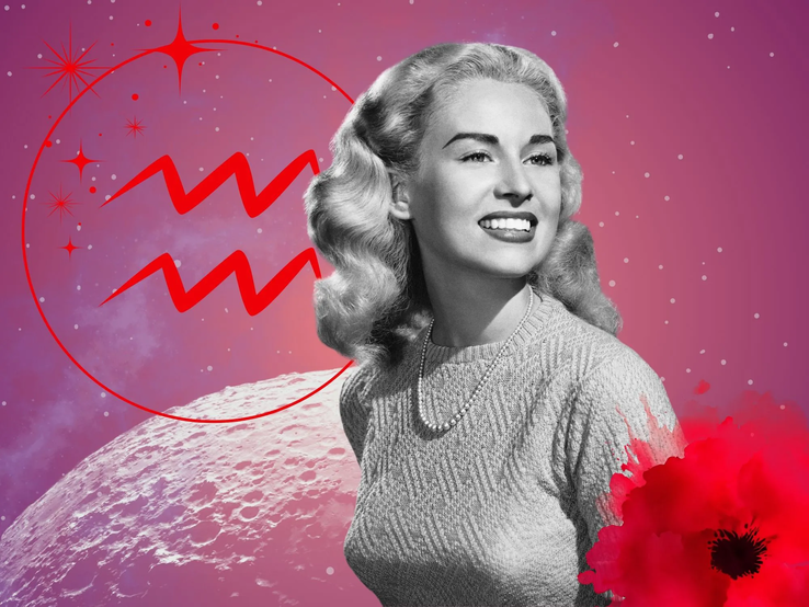 11-monatshoroskop-wassermann.webp Monatshoroskop für das Sternzeichen Wassermann: Illustration eine Frau im Retrostil vor einem pink-lilafarbenen Weltraumhintergrund mit Sternenhimmel und Mond. Rechts unten im Bild eine rote Mohnblume. Links oben in einem Kreis ist das rote Symbol des Tierkreiszeichens Wassermann.