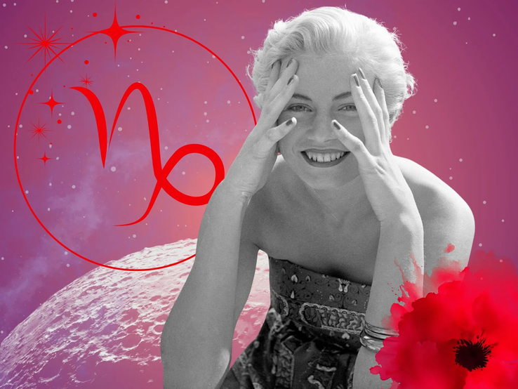 Monatshoroskop für das Sternzeichen Steinbock: Illustration eine Frau im Retrostil vor einem pink-lilafarbenen Weltraumhintergrund mit Sternenhimmel und Mond. Rechts unten im Bild eine rote Mohnblume. Links oben in einem Kreis ist das rote Symbol des Tierkreiszeichens Steinbock. 