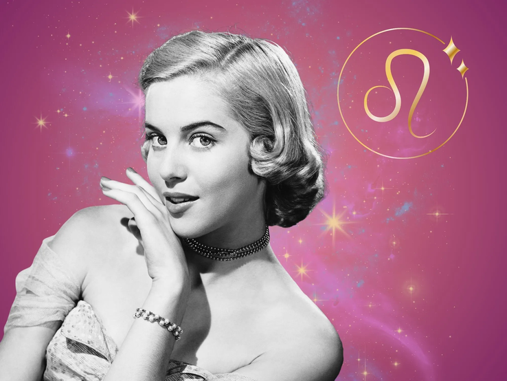 Symbolbild für das Jahreshoroskop 2026 für das Sternzeichen Löwe. Illustration einer Frau im Retrostil vor einem pink-lilafarbenen Hintergrund mit einem bunten Sternennebel und dem goldglänzenden Symbol des Sternzeichens.