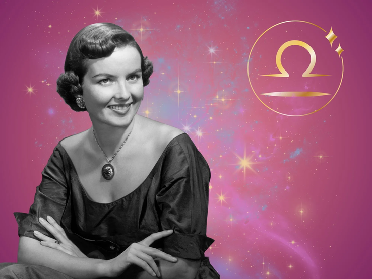 Symbolbild für das Jahreshoroskop 2026 für das Sternzeichen Waage. Illustration einer Frau im Retrostil vor einem pink-lilafarbenen Hintergrund mit einem bunten Sternennebel und dem goldglänzenden Symbol des Sternzeichens.