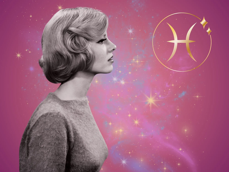 Symbolbild für das Jahreshoroskop 2026 für das Sternzeichen Fische. Illustration einer Frau im Retrostil vor einem pink-lilafarbenen Hintergrund mit einem bunten Sternennebel und dem goldglänzenden Symbol des Sternzeichens.