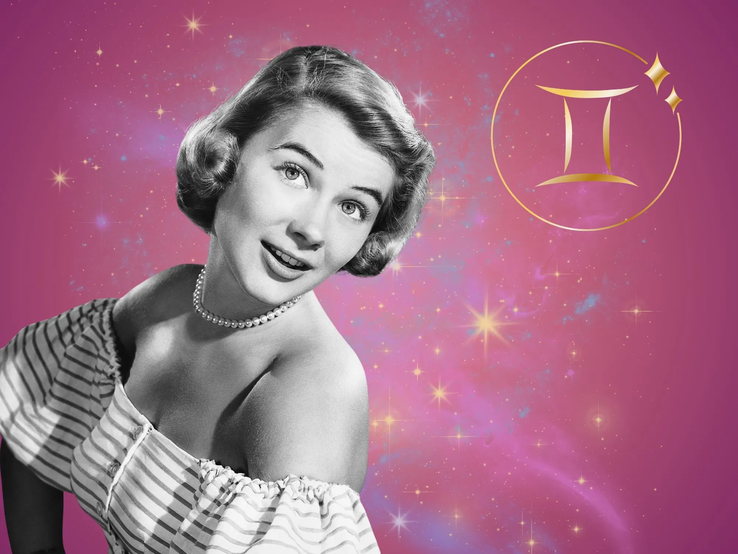 Symbolbild für das Jahreshoroskop 2026 für das Sternzeichen Zwillinge. Illustration einer Frau im Retrostil vor einem pink-lilafarbenen Hintergrund mit einem bunten Sternennebel und dem goldglänzenden Symbol des Sternzeichens.