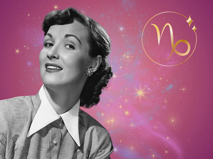 Symbolbild für das Jahreshoroskop 2026 für das Sternzeichen Steinbock. Illustration einer Frau im Retrostil vor einem pink-lilafarbenen Hintergrund mit einem bunten Sternennebel und dem goldglänzenden Symbol des Sternzeichens.