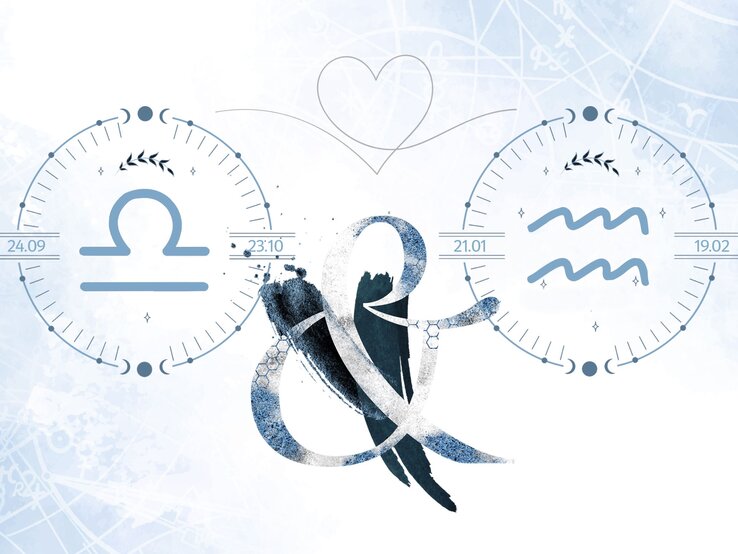 Die astrologischen Symbole der Sternzeichen Waage und Wassermann vor einer blauen Aquarellzeichnung.
