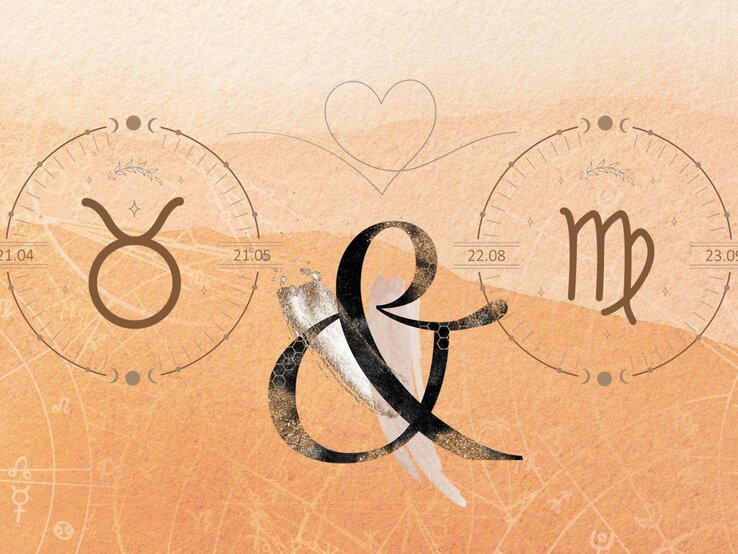 Die astrologischen Symbole der Sternzeichen Stier und Jungfrau vor einer orangefarbenen Aquarellzeichnung.