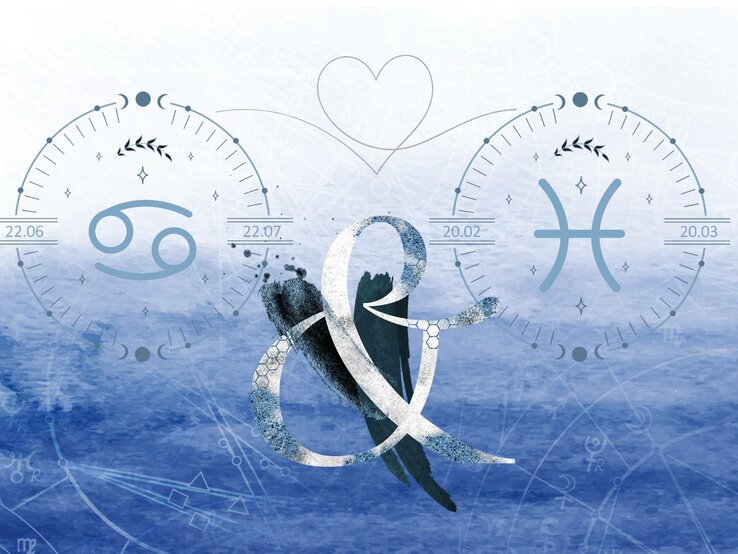 Die astrologischen Symbole der Sternzeichen Krebs und Fische vor einer hellblauen Aquarellzeichnung.
