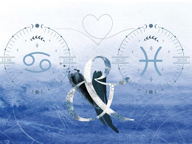 krebs-fische-beziehung Die astrologischen Symbole der Sternzeichen Krebs und Fische vor einer hellblauen Aquarellzeichnung.