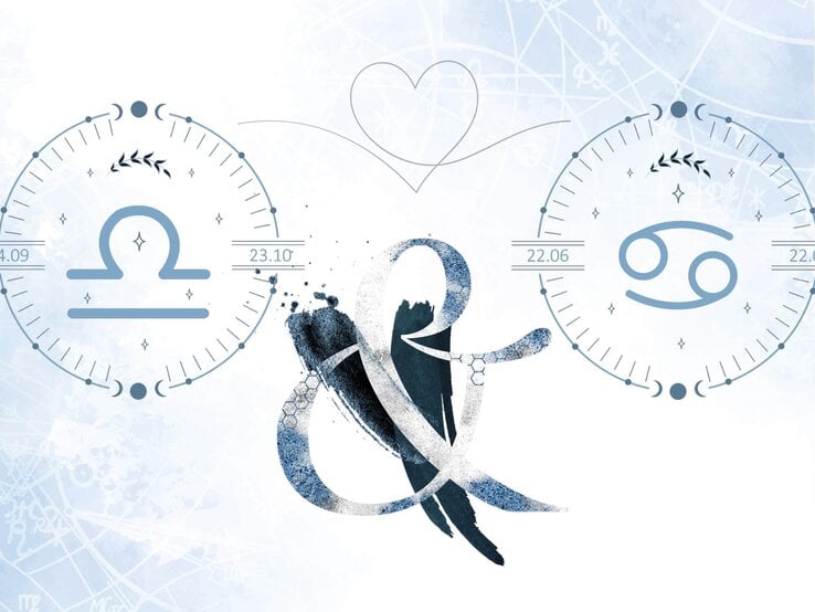 Die astrologischen Symbole der Sternzeichen Waage und Krebs vor einer hellblauen Aquarellzeichnung.