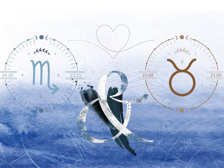 Die astrologischen Symbole der Sternzeichen Skorpion und Stier vor einer hellblauen Aquarellzeichnung.