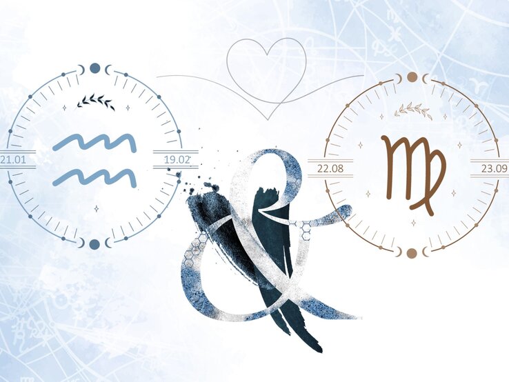 Die astrologischen Symbole der Sternzeichen Wassermann und Jungfrau vor einer hellblauen Aquarellzeichnung.