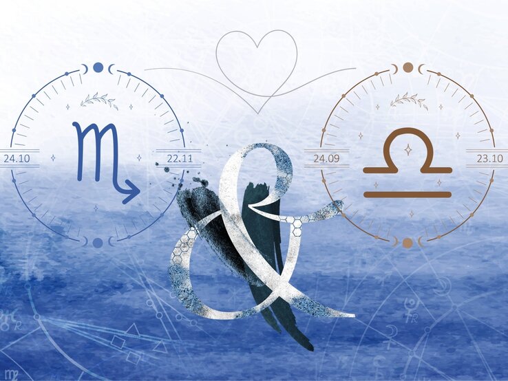 skorpion-waage-beziehung.jpg Eine Illustration der astrologischen Symbole der Sternzeichen Skorpion und Waage vor dem Hintergrund einer blauen Aquarellzeichnung.