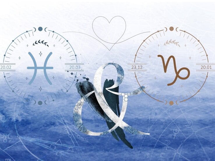 fische-steinbock-beziehung.jpg Die astrologischen Symbole der Sternzeichen Fische und Steinbock vor einer blauen Aquarellzeichnung.