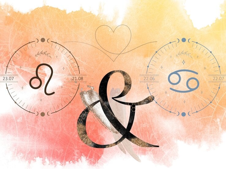 loewe-krebs-beziehung.jpg Die astrologischen Symbole der Sternzeichen Löwe und Krebs vor einer orangefarbenen Aquarellzeichnung.