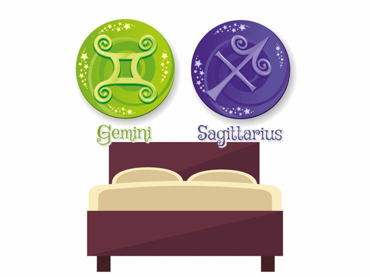 Grafik von einem Bett, darüber schweben die astrologischen Symbole der Sternzeichen Zwillinge und Schütze. | © Getty Images [M]