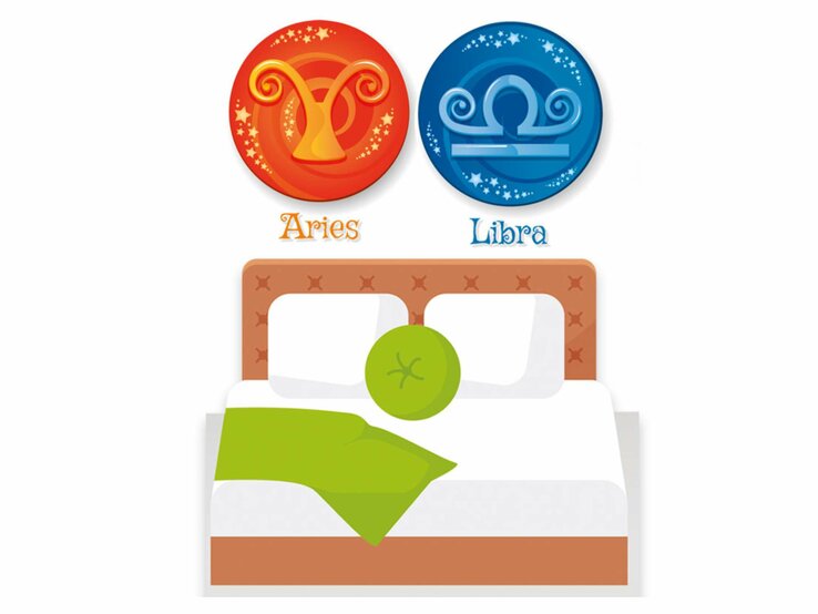 Grafik von einem Bett, darüber schweben die astrologischen Symbole der Sternzeichen Widder und Waage. | © Getty Images [M]