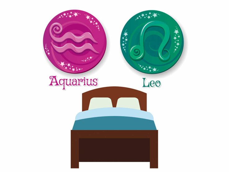 Grafik von einem Bett, darüber schweben die astrologischen Symbole der Sternzeichen Wassermann und Löwe. | © Getty Images [M]