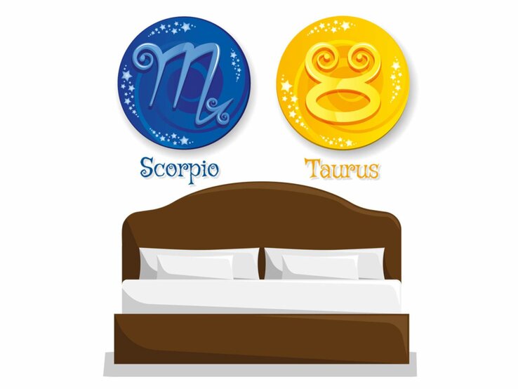 Grafik von einem Bett, darüber schweben die astrologischen Symbole der Sternzeichen Skorpion und Stier. | © Getty Images [M]