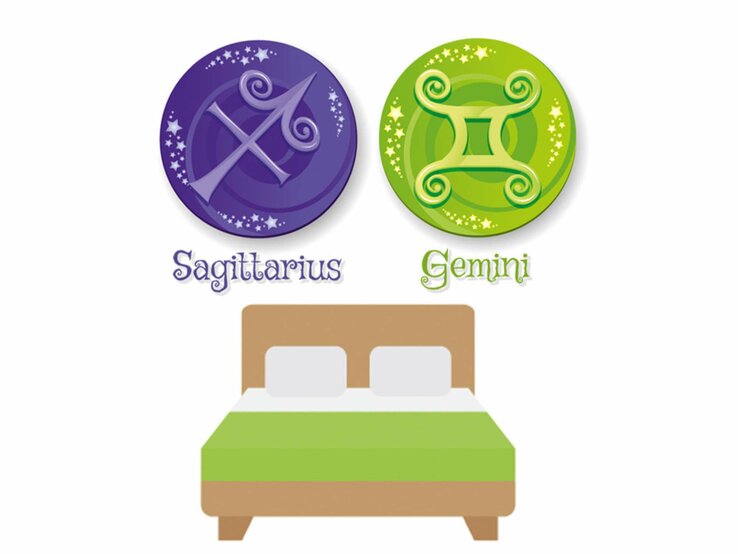 Grafik von einem Bett, darüber schweben die astrologischen Symbole der Sternzeichen Schütze und Zwillinge. | © Getty Images [M]