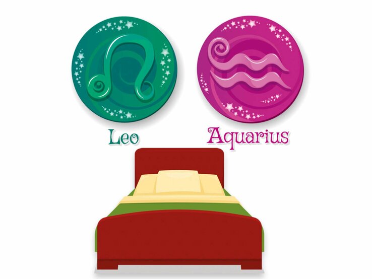 Grafik von einem Bett, darüber schweben die astrologischen Symbole der Sternzeichen Löwe und Wassermann. | © Getty Images [M]