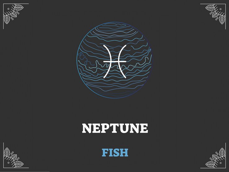 Grafik mit schwarzem Hintergrund, darauf das astrologische Symbol des Sternzeichens und der Herrscherplanet: Fische und Neptun. | © Adobe Stock/ VectorMine