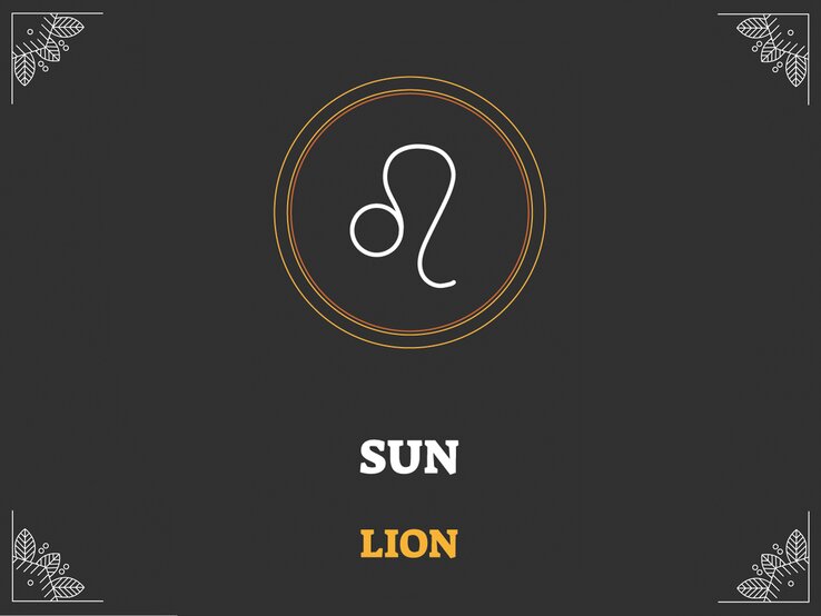 Grafik mit schwarzem Hintergrund, darauf das astrologische Symbol des Sternzeichens und der Herrscherplanet: Löwe und Sonne. | © Adobe Stock/ VectorMine