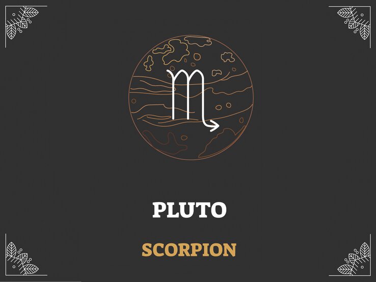 Grafik mit schwarzem Hintergrund, darauf das astrologische Symbol des Sternzeichens und der Herrscherplanet: Skorpion und Pluto. | © Adobe Stock/ VectorMine