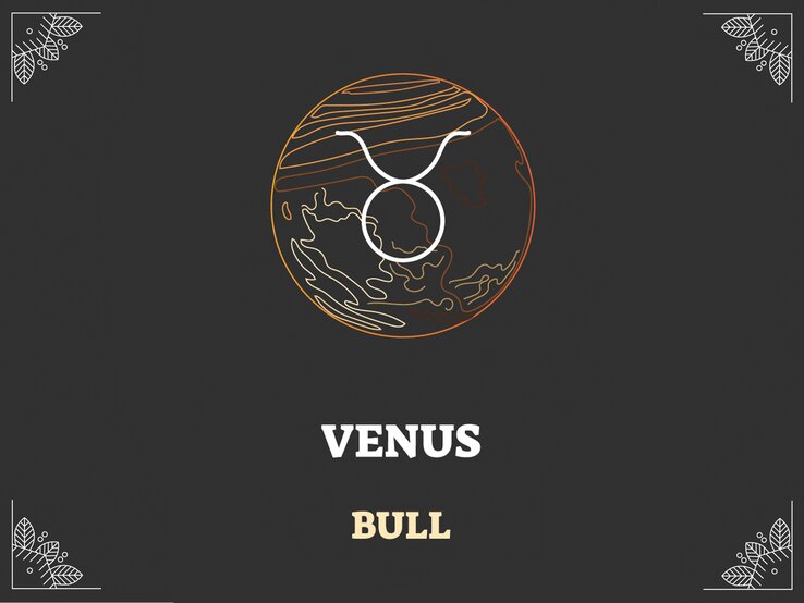 Grafik mit schwarzem Hintergrund, darauf das astrologische Symbol des Sternzeichens und der Herrscherplanet: Stier und Venus. | © Adobe Stock/ VectorMine