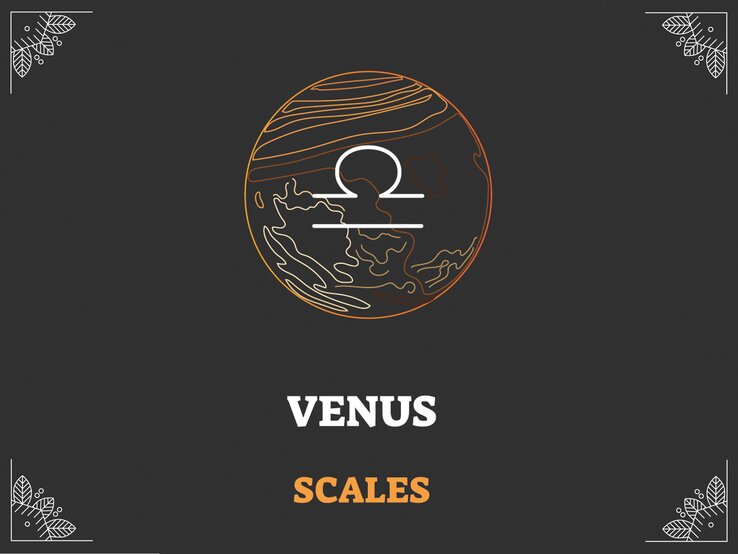 Grafik mit schwarzem Hintergrund, darauf das astrologische Symbol des Sternzeichens und der Herrscherplanet: Waage und Venus. | © Adobe Stock/ VectorMine
