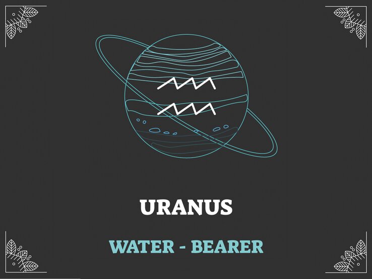 Grafik mit schwarzem Hintergrund, darauf das astrologische Symbol des Sternzeichens und der Herrscherplanet: Wassermann und Uranus. | © Adobe Stock/ VectorMine