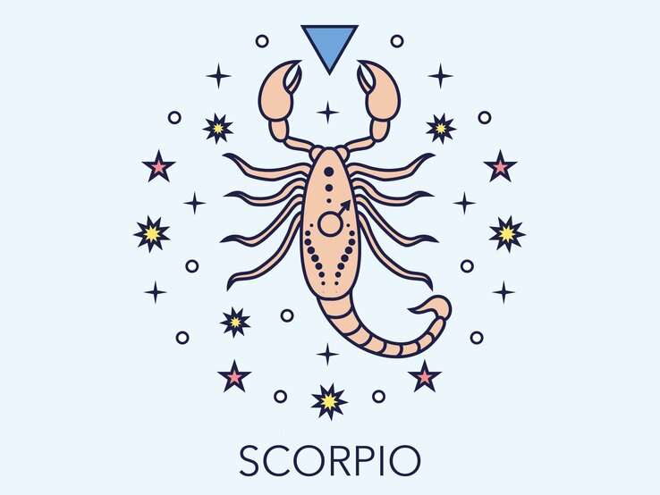 Zeichnung des astrologischen Symbols für das Sternzeichen Skorpion vor hellblauem Hintergrund. | © Getty Images/goroskop