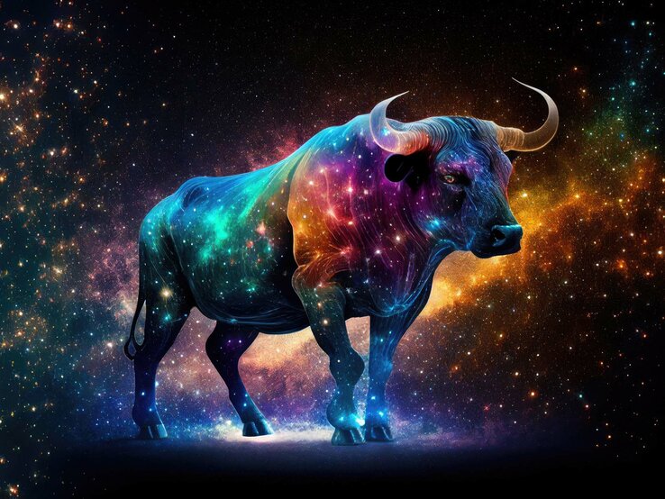 Zeichnung des astrologischen Symbols für das Sternzeichen Stier vor dem dunklen Universum mit Sternen und einem Nebel darum herum. | © Adobe Stock/ Lazy_Bear (KI-generiert)