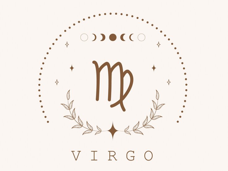 Zeichnung des astrologischen Symbols für das Sternzeichen Jungfrau auf hellem Untergrund, umrahmt von Punkten und dem Mond in seinen verschiedenen Phasen.