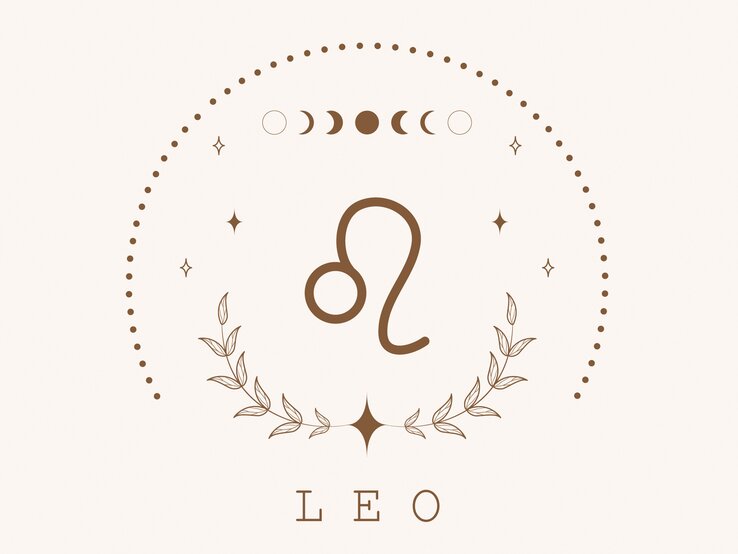 Zeichnung des astrologischen Symbols für das Sternzeichen Löwe auf hellem Untergrund, umrahmt von Punkten und dem Mond in seinen verschiedenen Phasen.