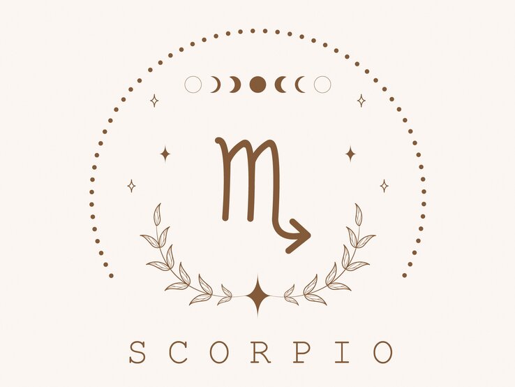 Zeichnung des astrologischen Symbols für das Sternzeichen Skorpion auf hellem Untergrund, umrahmt von Punkten und dem Mond in seinen verschiedenen Phasen.