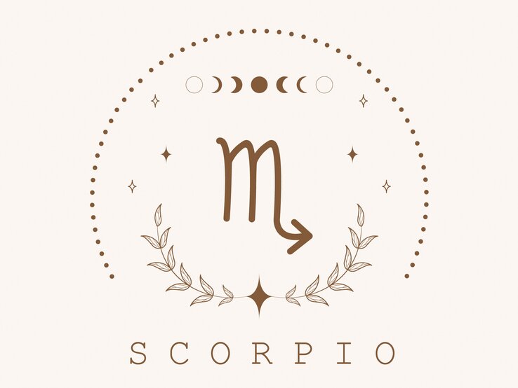Zeichnung des astrologischen Symbols für das Sternzeichen Skorpion auf hellem Untergrund, umrahmt von Punkten und dem Mond in seinen verschiedenen Phasen. | © Adobe Stock/ KeronnArt