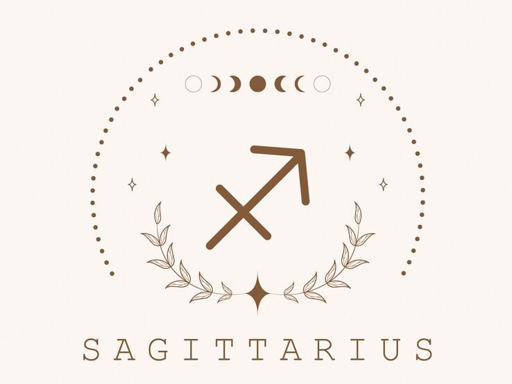 Zeichnung des astrologischen Symbols für das Sternzeichen Schütze auf hellem Untergrund, umrahmt von Punkten und dem Mond in seinen verschiedenen Phasen.