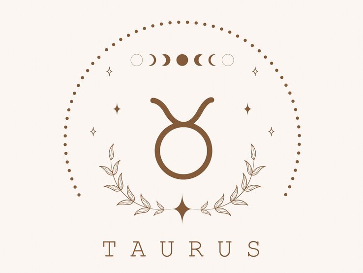 Zeichnung des astrologischen Symbols für das Sternzeichen Stier auf hellem Untergrund, umrahmt von Punkten und dem Mond in seinen verschiedenen Phasen.