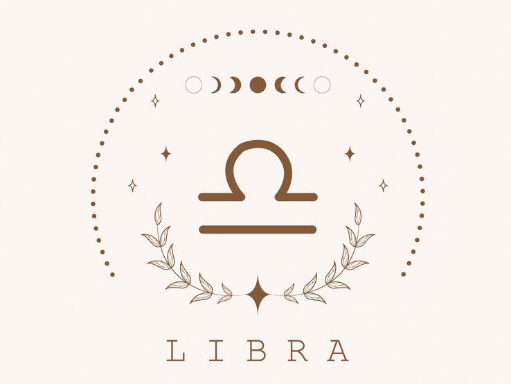 Zeichnung des astrologischen Symbols für das Sternzeichen Waage auf hellem Untergrund, umrahmt von Punkten und dem Mond in seinen verschiedenen Phasen.